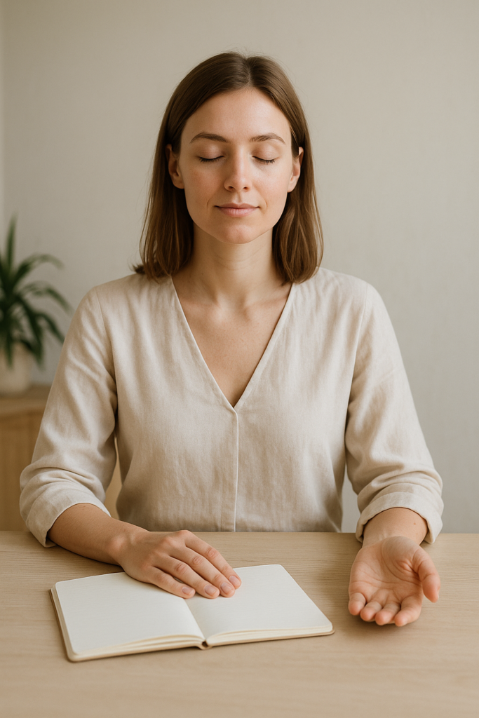 Ruhige, symbolische Szene. Eine Frau sitzt entspannt am Tisch mit Notizbuch oder offenen Händen auf dem Tisch. Keine Geräte, keine Tests sichtbar. Weiches Licht, helle Naturfarben, minimalistischer Stil. Gefühl von Klarheit, Selbstfürsorge und innerer Ordnung. Hochwertig, ruhig, natürlich fotografiert.