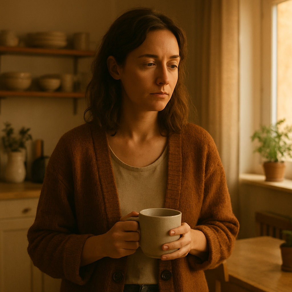 Natürliche Alltagsszene einer Frau in einem ruhigen Zuhause. Sie steht in der Küche oder im Wohnzimmer, leicht nachdenklich, vielleicht mit einer Tasse Tee in der Hand. Sanftes Morgen- oder Abendlicht, warme Farben, gemütliche Atmosphäre. Keine Hektik, kein Lächeln, sondern ein ehrlicher, ruhiger Moment. Fokus auf Emotion und Nachdenklichkeit.