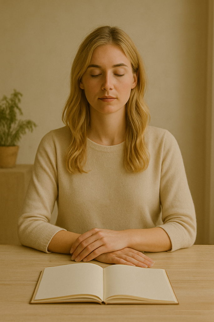 Frau sitzt entspannt an einem Tisch mit Notizbuch und reflektiert bewusst ihren persönlichen Weg zu mehr Gesundheit