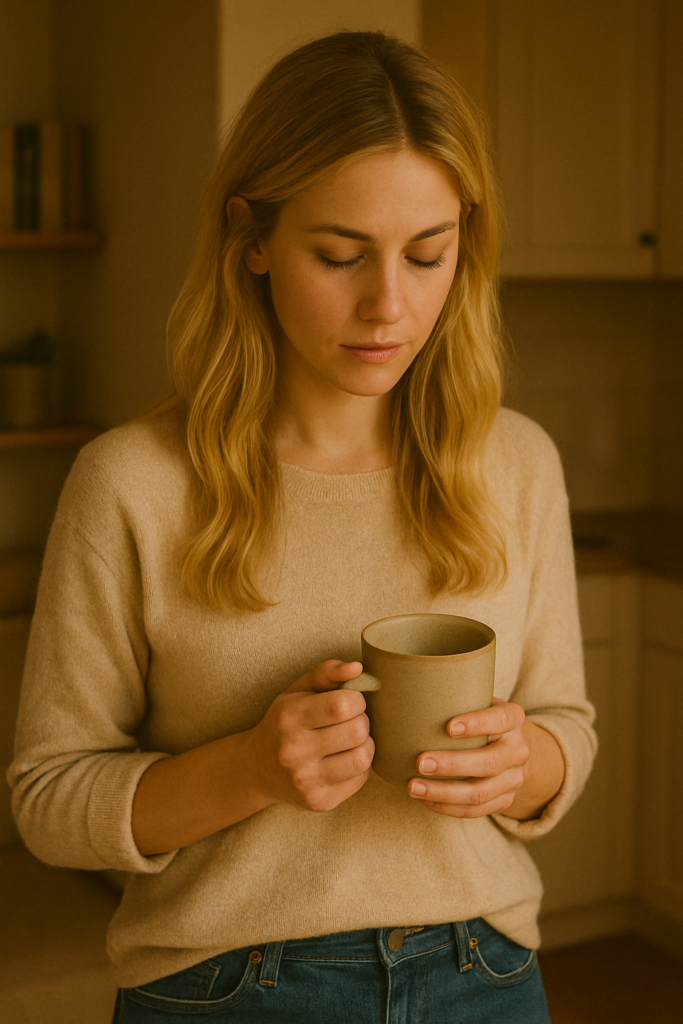 Frau steht nachdenklich in ruhiger Wohnatmosphäre und hält eine Tasse Tee, Sinnbild für Innehalten und Selbstwahrnehmung